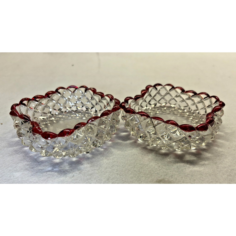 Pair Ruby Stained Pressed Glass Bowls Scalloped Edge Diamond Point Vintage